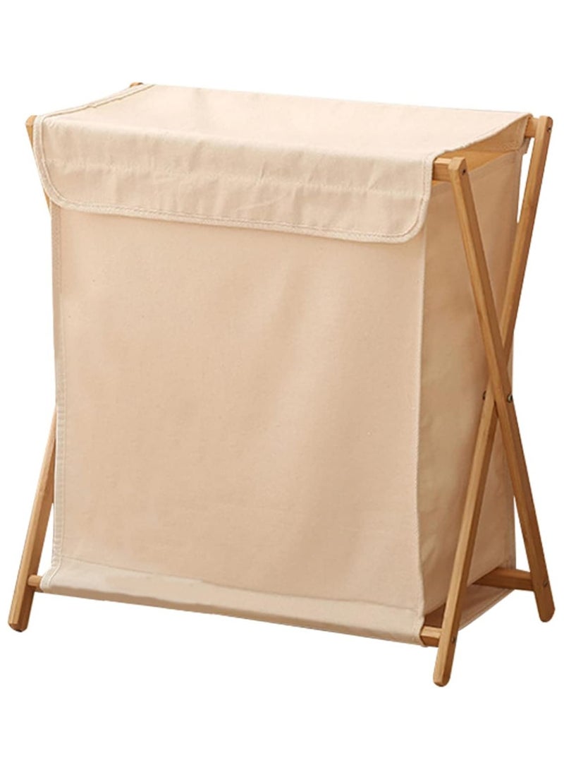 TOMSHOO Bamboo Laundry Hamper Sorter Cart, Portable and Collapsible Folding Clothes Laundry Basket Storage with Removable Liner Bag, X Frame, Bamboo Laundry Organizer Cabinet for Bathroom (White with Lids) - Image 1