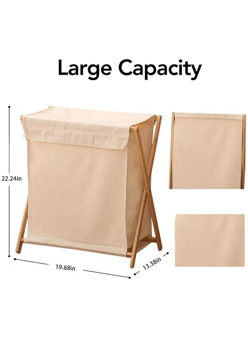 TOMSHOO Bamboo Laundry Hamper Sorter Cart, Portable and Collapsible Folding Clothes Laundry Basket Storage with Removable Liner Bag, X Frame, Bamboo Laundry Organizer Cabinet for Bathroom (White with Lids) - Image 2