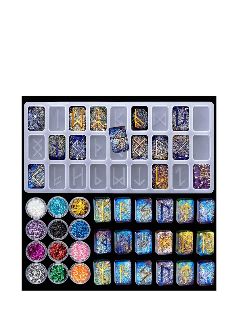 Y&D Rune Resin Mold, Symbol Letter Silicone DIY Word Molds, Crystal Epoxy Charm Mold with Sequins 12 Colors for Personalized Pendant Crafts Making Supplies  - Image 1