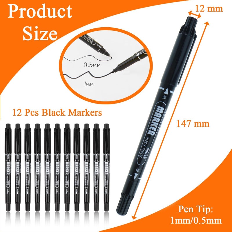 KASTWAVE Dual Tip Permanent Marker Pens, 12 Pack Black Fine and Ultra Fine Point Markers, Waterproof, Quick Drying, Non-Toxic Black Markers for Art, Drawing, Sketching, Glass, Plastic, Wood, Office, School - Image 4
