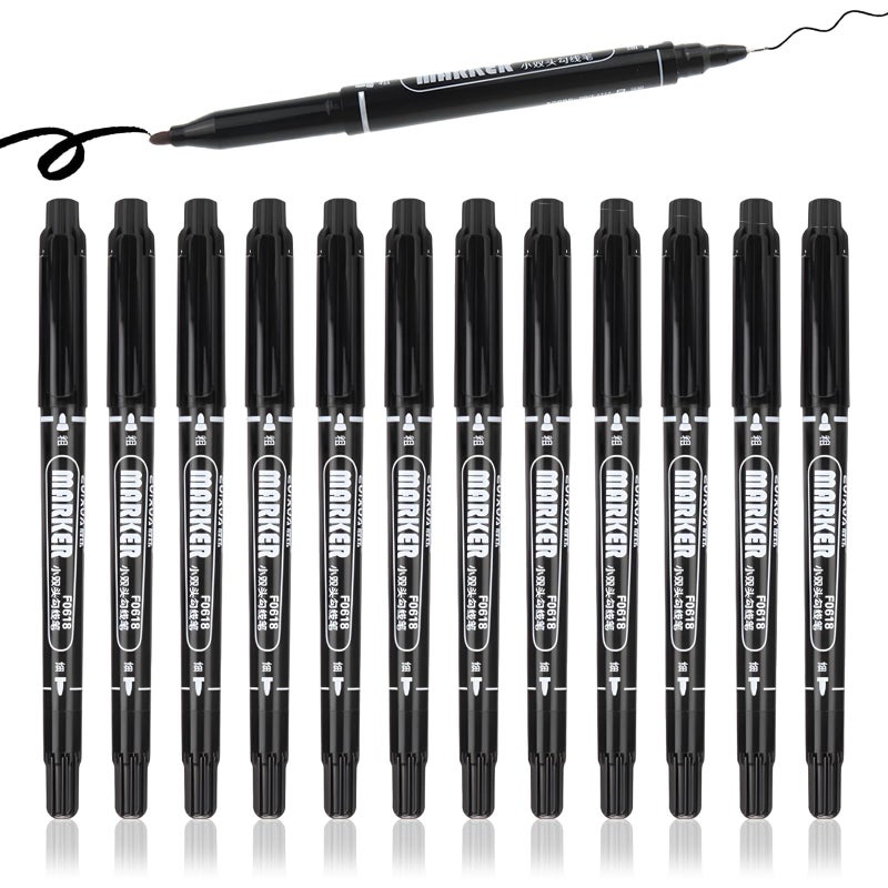 KASTWAVE Dual Tip Permanent Marker Pens, 12 Pack Black Fine and Ultra Fine Point Markers, Waterproof, Quick Drying, Non-Toxic Black Markers for Art, Drawing, Sketching, Glass, Plastic, Wood, Office, School - Image 1