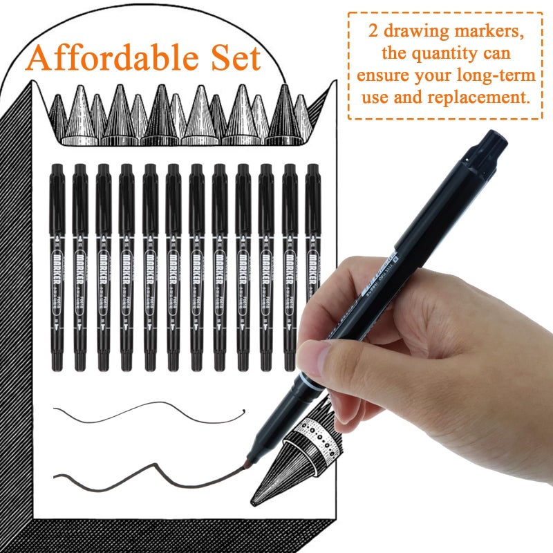 KASTWAVE Dual Tip Permanent Marker Pens, 12 Pack Black Fine and Ultra Fine Point Markers, Waterproof, Quick Drying, Non-Toxic Black Markers for Art, Drawing, Sketching, Glass, Plastic, Wood, Office, School - Image 5