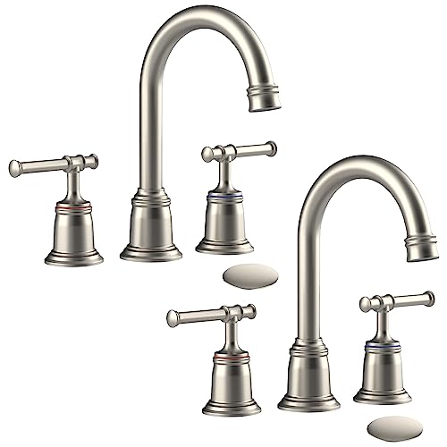 homfan Classical 8 inch Bathroom Faucet Bathroom faucets for Sink 3 Holes Widespread Brushed Nickel Bathroom Faucet with Pop Up Drain and cUPC LeadFree Hose Brushed Nickel 2 Packs - Image 1