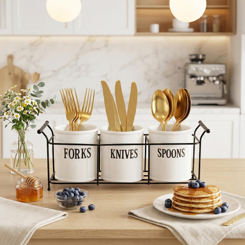 Bekith 3-Piece White Ceramic Silverware Caddy with Black Metal Rack, Utensil Holder Flatware Caddy Cutlery Storage Organizer for Kitchen Table, Cabinet or Pantry - Image 5