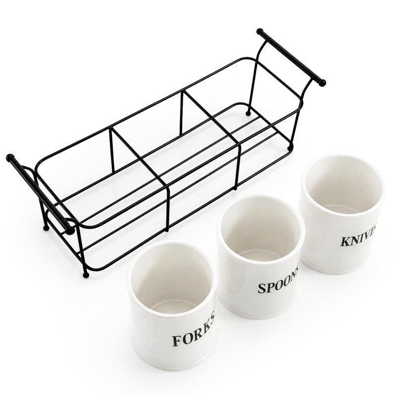Bekith 3-Piece White Ceramic Silverware Caddy with Black Metal Rack, Utensil Holder Flatware Caddy Cutlery Storage Organizer for Kitchen Table, Cabinet or Pantry - Image 4