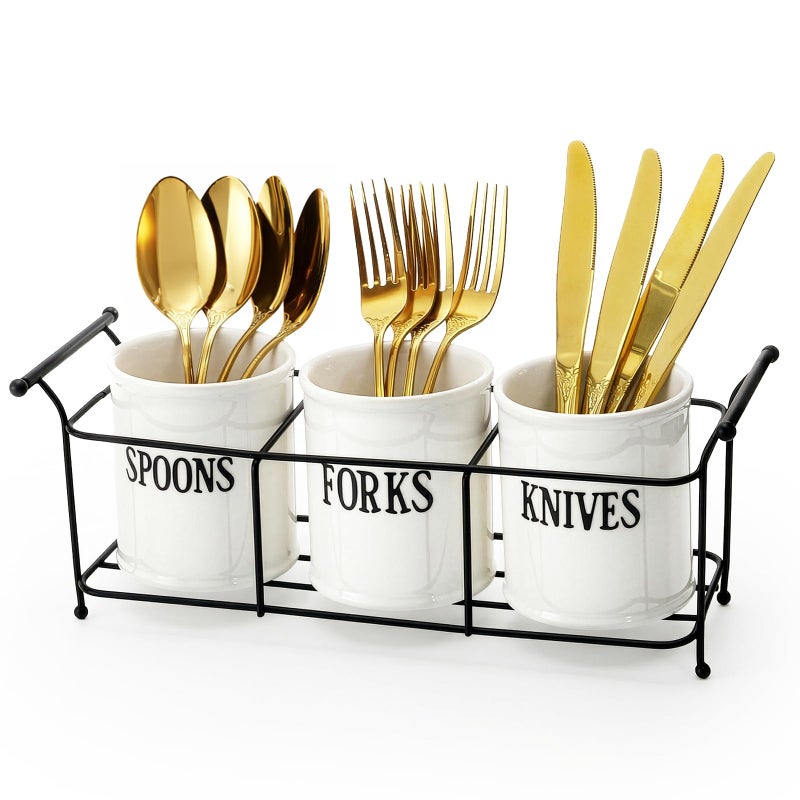 Bekith 3-Piece White Ceramic Silverware Caddy with Black Metal Rack, Utensil Holder Flatware Caddy Cutlery Storage Organizer for Kitchen Table, Cabinet or Pantry - Image 1