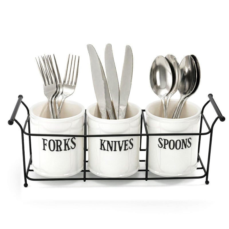 Bekith 3-Piece White Ceramic Silverware Caddy with Black Metal Rack, Utensil Holder Flatware Caddy Cutlery Storage Organizer for Kitchen Table, Cabinet or Pantry - Image 3