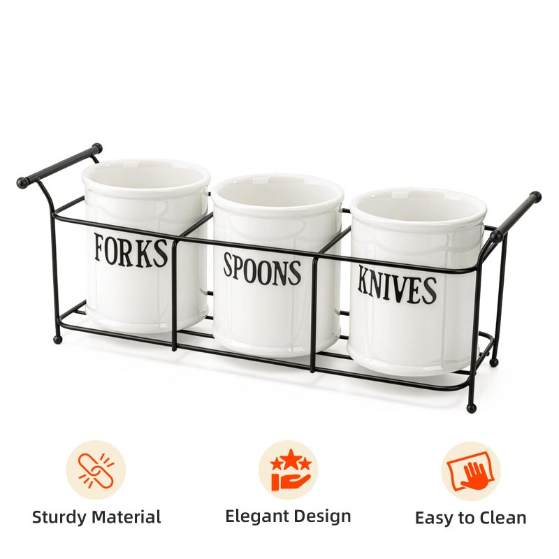 Bekith 3-Piece White Ceramic Silverware Caddy with Black Metal Rack, Utensil Holder Flatware Caddy Cutlery Storage Organizer for Kitchen Table, Cabinet or Pantry - Image 2