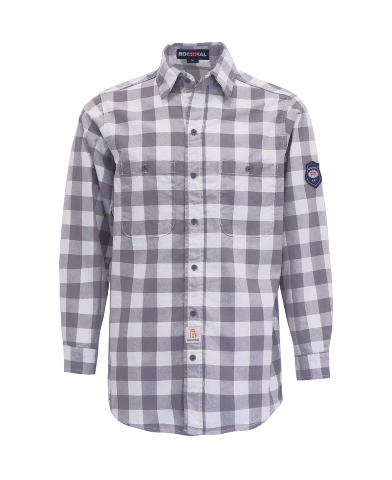 BOCOMAL FR Shirts Flame Resistant Plaid Shirt NFPA2112CAT2 75oz Fire Resistant GrayWhite Mens Fire Retardant Welding Shirt