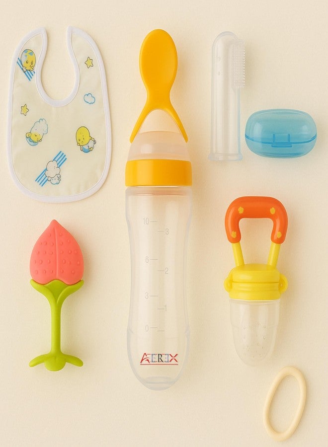 AEREX Baby Spoon Feeding Bottle, Fruit Nibbler, Silicone Finger Brush, Fruit Teether & Baby Bib Combo Feeding Bottle for Baby's, Infants & Toddlers Feeding Combo (Yellow) - Image 1