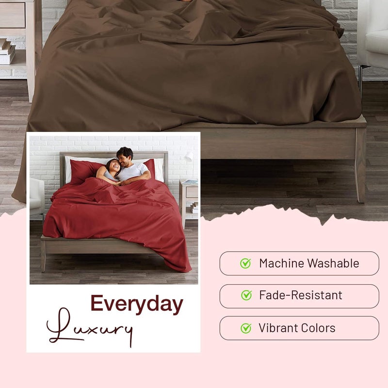 HOME SHEETS أوراق المنزل سوبر كين عادي ساتين 600 TC 100 قطن حجم سوبر كين 108 × 108 بوصة مع 4 أغطية وسائد 18 × 28 بوصة لون شوكولاتة سادة - Image 4