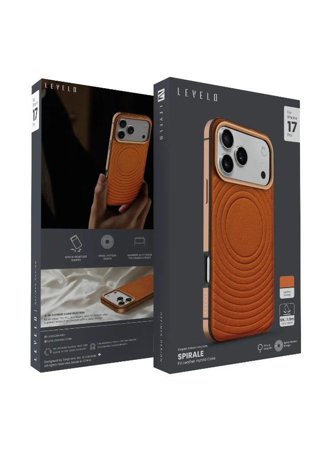 ليفيلو جراب حلزوني لهاتف iPhone 17 Pro / مغناطيس قوي / نسيج جلدي / تصميم حلزوني / إطار من سبائك الألومنيوم للكاميرا والحواف - برتقالي شروق الشمس - Image 3