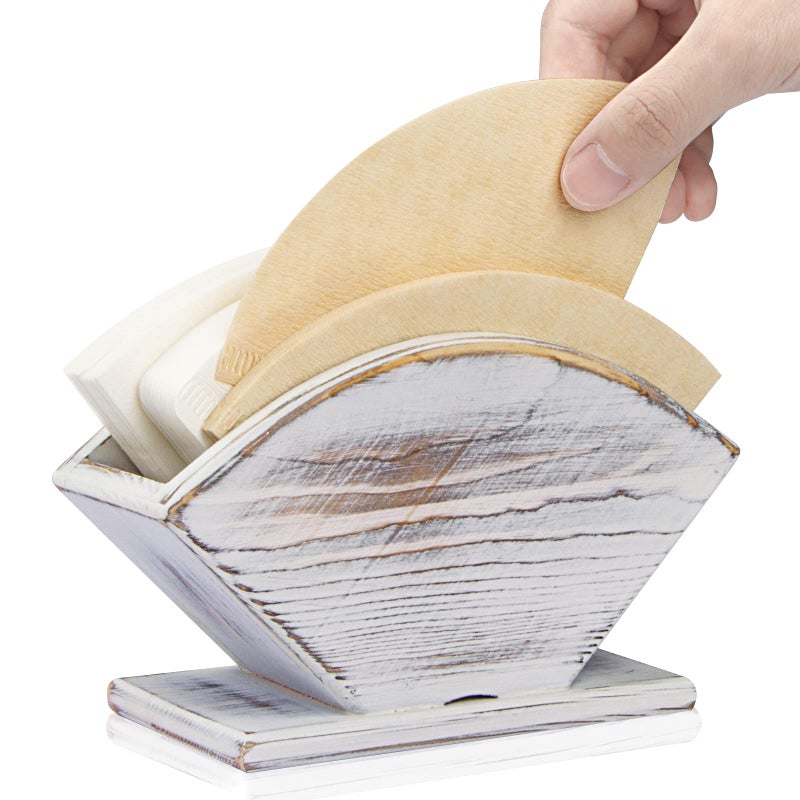 ANBOXIT Coffee Filter Holder Farmhouse White Pine Wood Coffee Filter Holder Storage Container for V60 Melitta Cone Filters