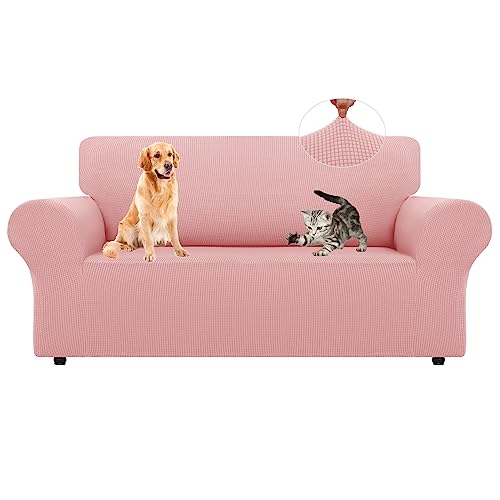 LURKA Stretch Loveseat Sofa Slipcovers 1 Piece Couch Covers for Sofa Furniture Protector Full Sofa Covers with Elastic Bottom for Kids and Dog Medium Pink