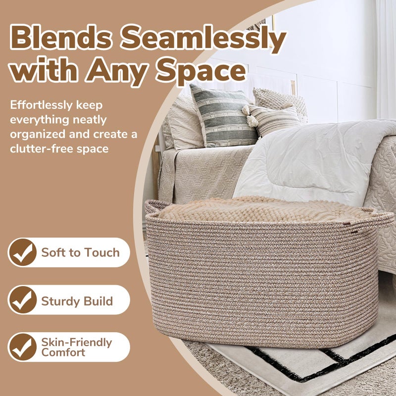 Goodpick سلة تخزين من Goodpick كبيرة منسوجة، 21.6" × 14.9" × 11.8" سلة بطانيات لغرفة المعيشة، غرفة النوم، منظم تخزين على شكل مستطيل للحبال للملابس، الألعاب، بني - Image 5