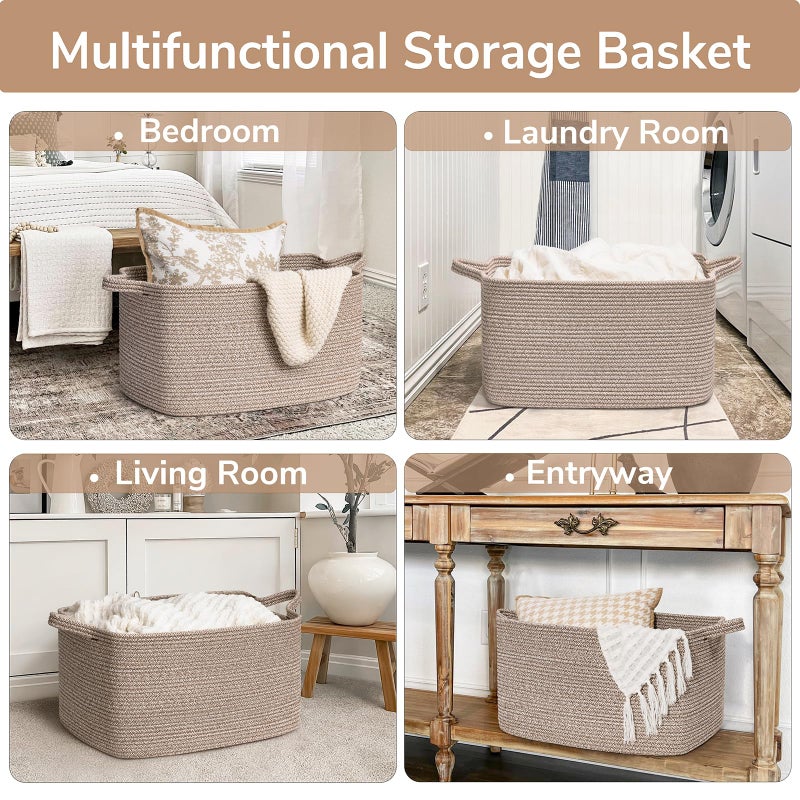 Goodpick سلة تخزين من Goodpick كبيرة منسوجة، 21.6" × 14.9" × 11.8" سلة بطانيات لغرفة المعيشة، غرفة النوم، منظم تخزين على شكل مستطيل للحبال للملابس، الألعاب، بني - Image 4