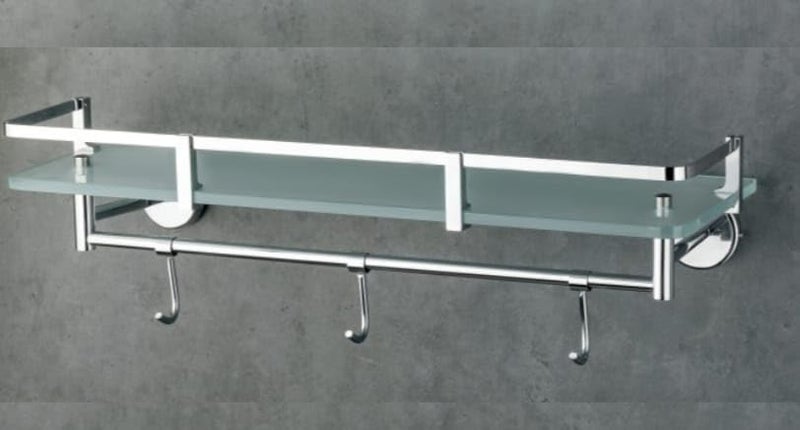 INOCI Neptune Series Chrome Finish 12x6 Rectangular Glass Wall Shelf with Chrome Hooks for Bathroom/Bedroom/Kitchen  - Image 2