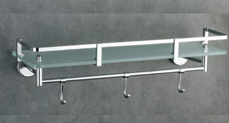 INOCI Neptune Series Chrome Finish 12x6 Rectangular Glass Wall Shelf with Chrome Hooks for Bathroom/Bedroom/Kitchen  - Image 1