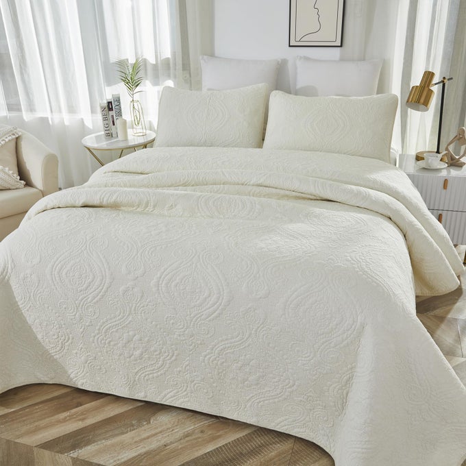 QUEEN SIZE QUILT SET COTTON CREAM WHITE QUILT SET LUXURY DAMASK MATELASSE COVERLET SET 3PIECE