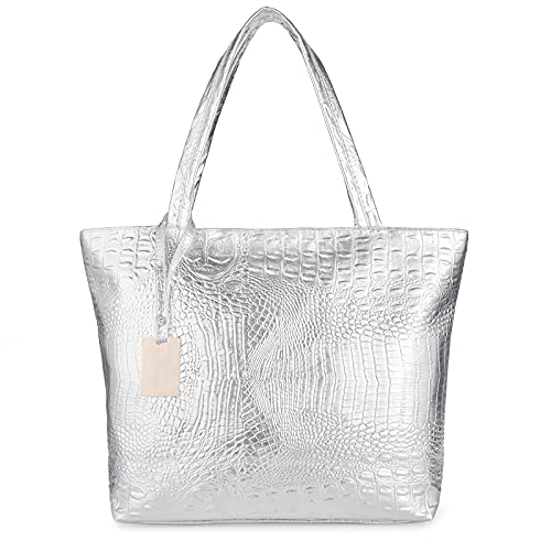 SUMGOGO Purse and Handbag for Women Crocodile Satchel Large Shoulder Tote Bag Wallets (Silver) - Image 1