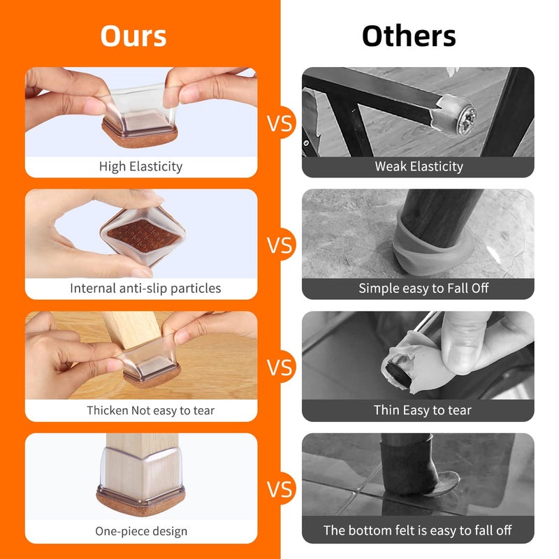 Ezprotekt 24 Pcs Clear Square Chair Leg Floor Protectors with Felt, Silicone Felt Furniture Pads for Hardwood Floor, Dining Table Leg Caps Covers No Scratches and Noise (L Fit: 1" - 1.4") - Image 5