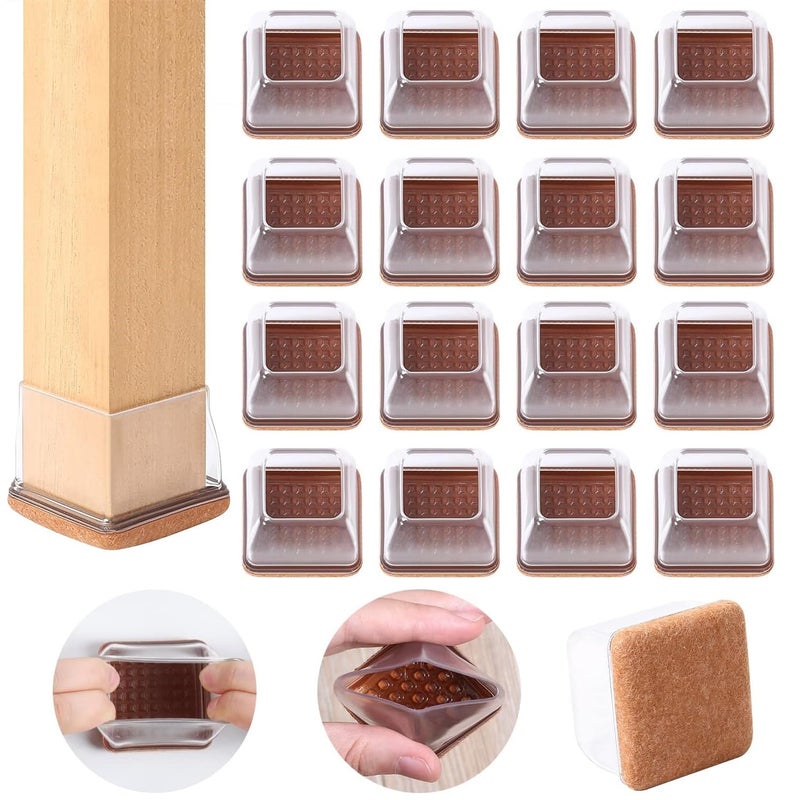 Ezprotekt 24 Pcs Clear Square Chair Leg Floor Protectors with Felt, Silicone Felt Furniture Pads for Hardwood Floor, Dining Table Leg Caps Covers No Scratches and Noise (L Fit: 1" - 1.4") - Image 1