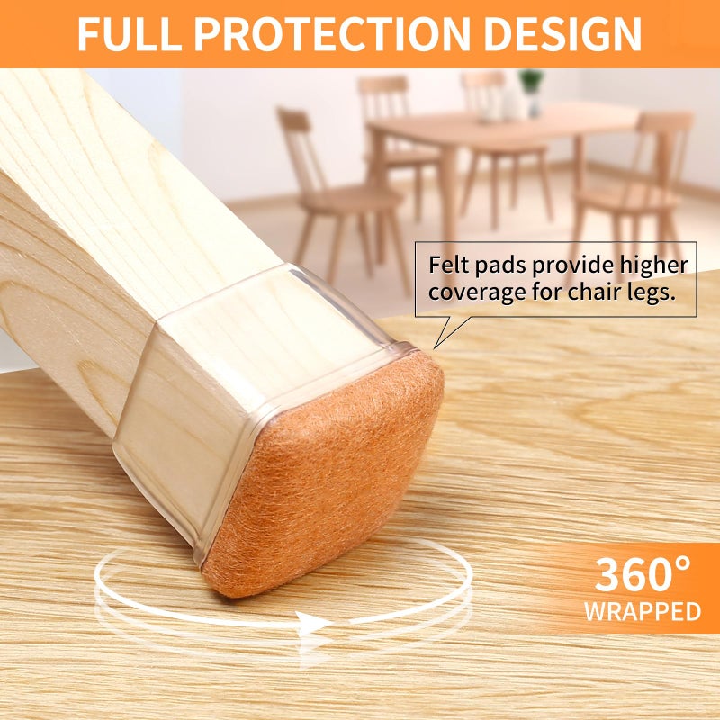 Ezprotekt 24 Pcs Clear Square Chair Leg Floor Protectors with Felt, Silicone Felt Furniture Pads for Hardwood Floor, Dining Table Leg Caps Covers No Scratches and Noise (L Fit: 1" - 1.4") - Image 3