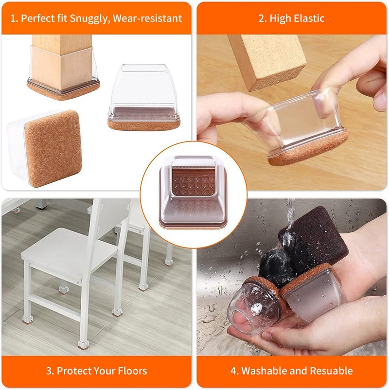 Ezprotekt 24 Pcs Clear Square Chair Leg Floor Protectors with Felt, Silicone Felt Furniture Pads for Hardwood Floor, Dining Table Leg Caps Covers No Scratches and Noise (L Fit: 1" - 1.4") - Image 4