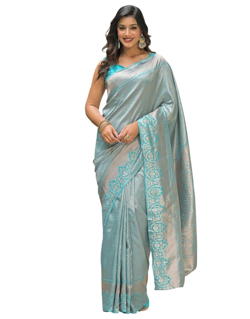 Shiv Textiles Women's Silk Blend Woven Kanjivaram Saree(SAT-655S-TURQUOISE) - Image 1