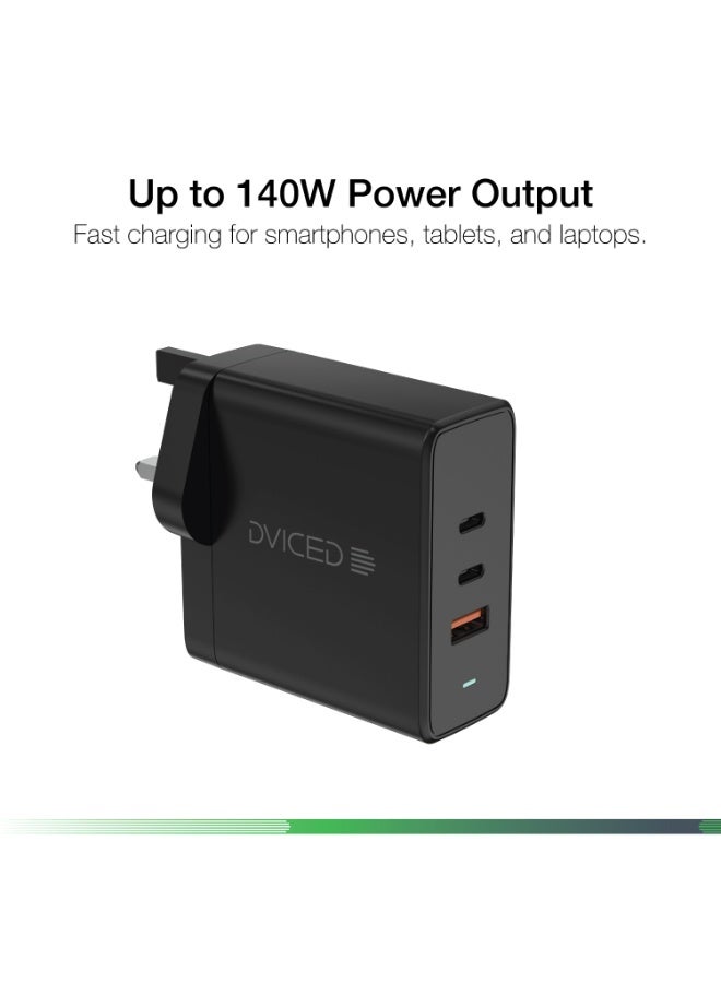 Dviced Wall charger 140W GaN 2 USB-C 1 USB-A UK black - Image 2