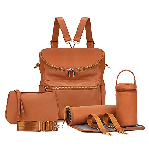 Minsong Diaper Bag Backpack,Fashion Leather Mommy Backpacks,Travel Toddler Baby Diaper Bags with in Bag Organizer and Changing Pad (Brown) - Image 1