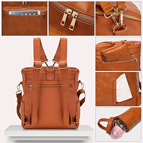 Minsong Diaper Bag Backpack,Fashion Leather Mommy Backpacks,Travel Toddler Baby Diaper Bags with in Bag Organizer and Changing Pad (Brown) - Image 5