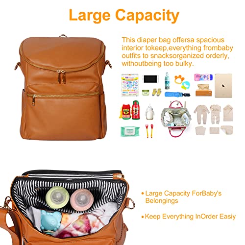 Minsong Diaper Bag Backpack,Fashion Leather Mommy Backpacks,Travel Toddler Baby Diaper Bags with in Bag Organizer and Changing Pad (Brown) - Image 4
