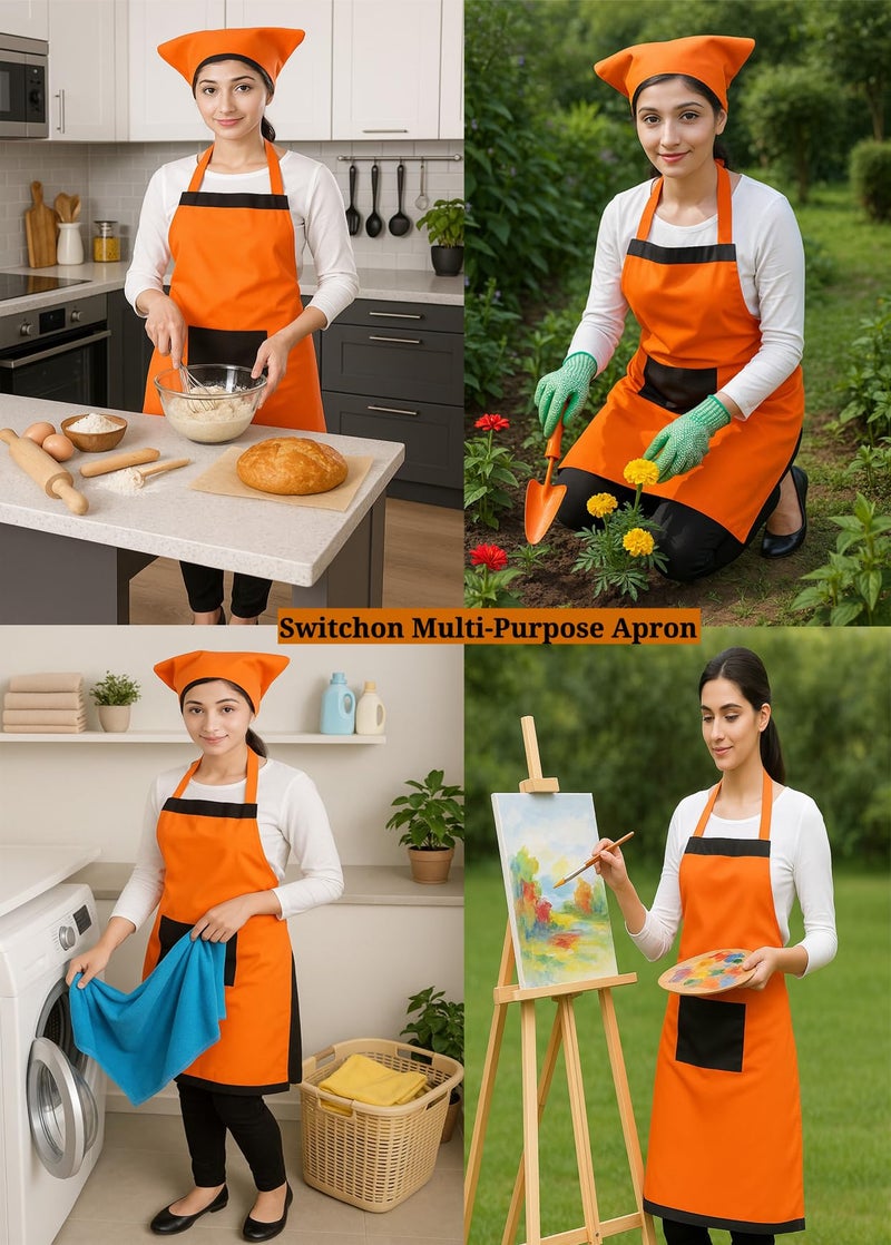 Switchon orange colour kitchen cooking apron with cap - Free size - Image 4