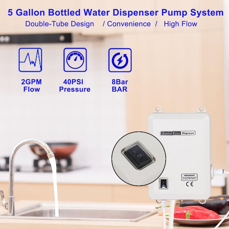 Verbesserte Bottle Water Dispenser Pump System Double-Tube for Refrigerator,5 Gallon Bottled Water Dispensing Pump Power 45PSI for Kitchen,110V Electric Drinking Water Bottle for Ice Coffee Tea Maker - Image 5