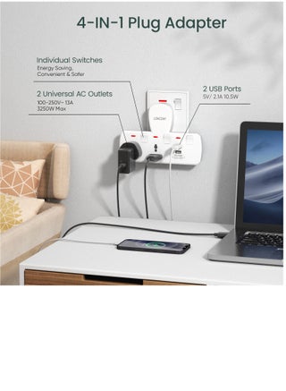 مقبس تمديد متعدد القابس LENCENT مع USB ، موسع مخرج كهربائي ثنائي الاتجاه مع 2 USB ، شاحن حائط ، محول قابس عالمي ، محطة شحن للمنزل والمكتب والمطبخ ، بتبديل فردي - view 5