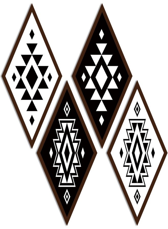 فيرايكل مجموعة فيرايكل المكونة من 4 قطع من ديكورات الحائط الأزتيكية، ديكورات منزلية ريفية، فن جداري غربي بوهيمي، لوحة خشبية على شكل ماسة أزتيكية، إطار خشبي هندسي على شكل ماسة معلق (ريفي) - Image 1