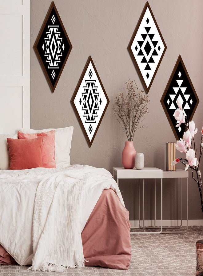 فيرايكل مجموعة فيرايكل المكونة من 4 قطع من ديكورات الحائط الأزتيكية، ديكورات منزلية ريفية، فن جداري غربي بوهيمي، لوحة خشبية على شكل ماسة أزتيكية، إطار خشبي هندسي على شكل ماسة معلق (ريفي) - Image 5