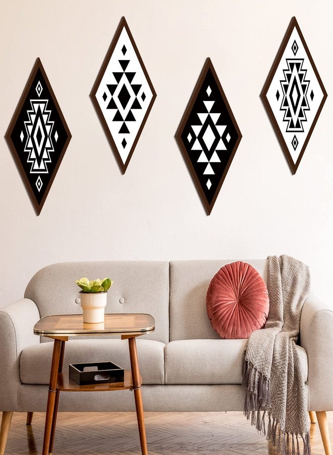 فيرايكل مجموعة فيرايكل المكونة من 4 قطع من ديكورات الحائط الأزتيكية، ديكورات منزلية ريفية، فن جداري غربي بوهيمي، لوحة خشبية على شكل ماسة أزتيكية، إطار خشبي هندسي على شكل ماسة معلق (ريفي) - Image 4