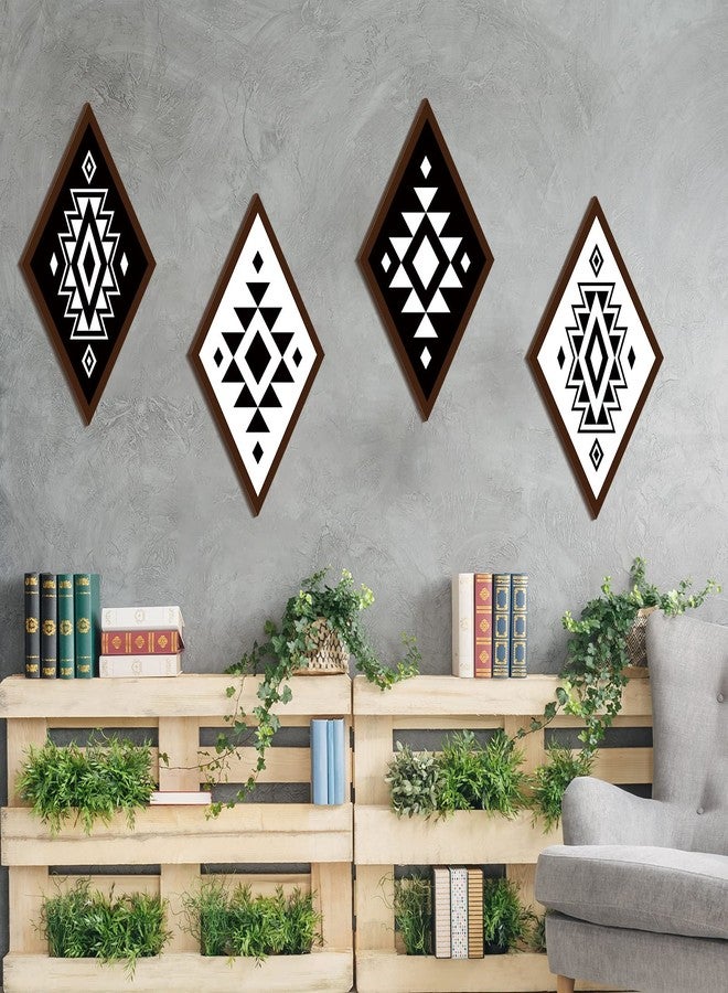 فيرايكل مجموعة فيرايكل المكونة من 4 قطع من ديكورات الحائط الأزتيكية، ديكورات منزلية ريفية، فن جداري غربي بوهيمي، لوحة خشبية على شكل ماسة أزتيكية، إطار خشبي هندسي على شكل ماسة معلق (ريفي) - Image 3