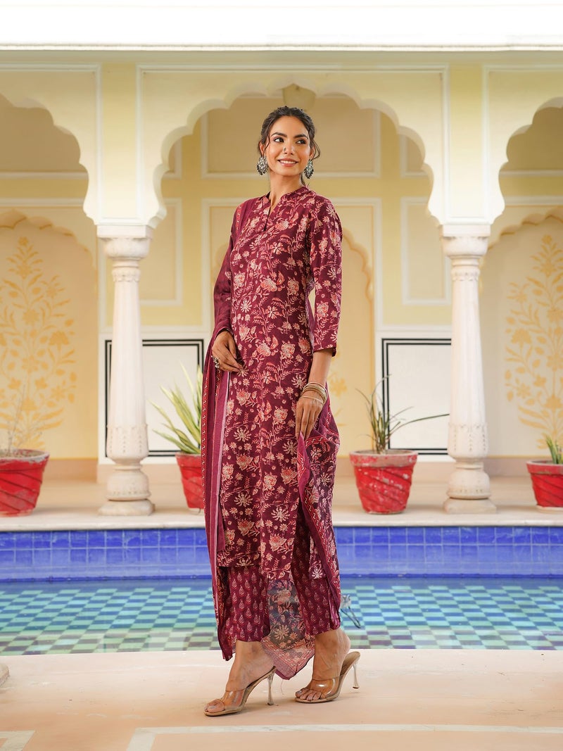 Vaamsi Women's Floral Printed Straight Kurta Pant With Dupatta Set (VKSKD2149_Maroon_L) - Image 3