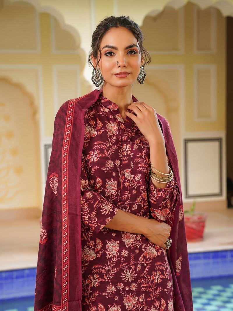 Vaamsi Women's Floral Printed Straight Kurta Pant With Dupatta Set (VKSKD2149_Maroon_L) - Image 2