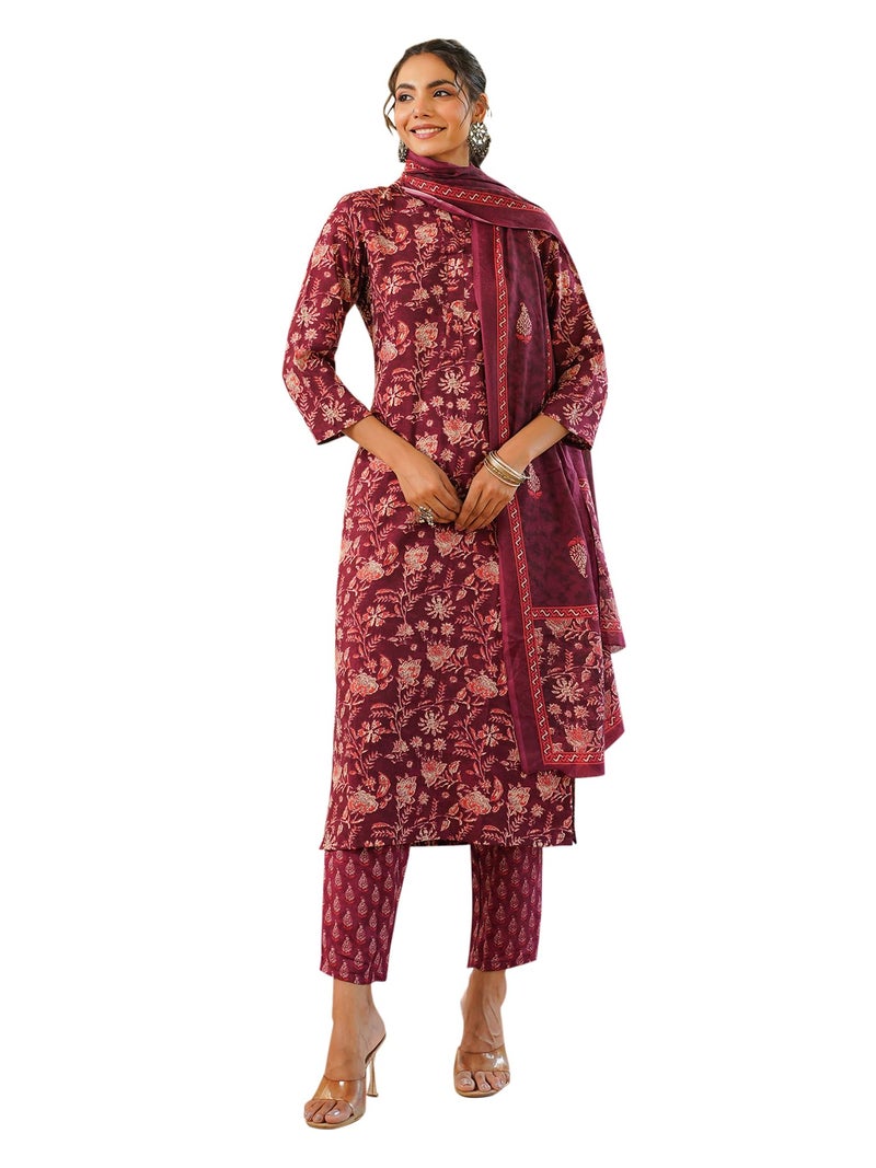 Vaamsi Women's Floral Printed Straight Kurta Pant With Dupatta Set (VKSKD2149_Maroon_L) - Image 1