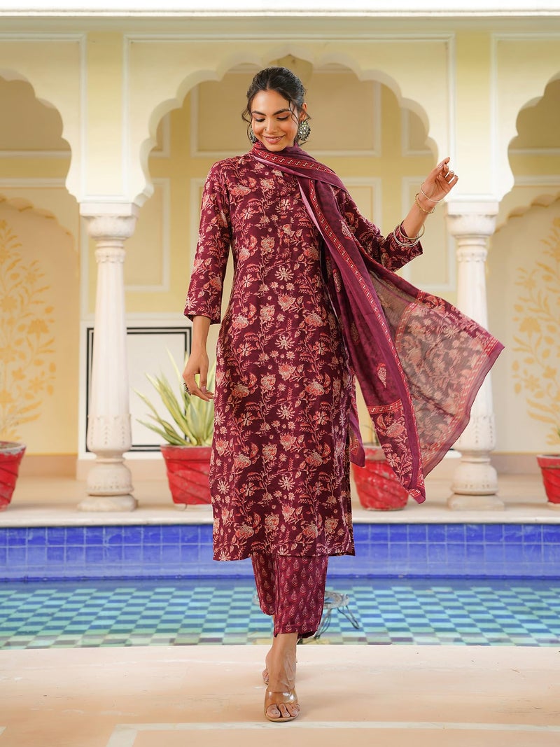 Vaamsi Women's Floral Printed Straight Kurta Pant With Dupatta Set (VKSKD2149_Maroon_L) - Image 5
