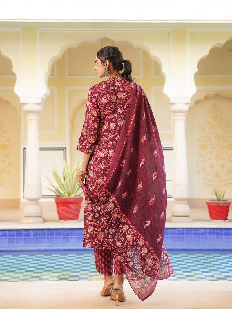 Vaamsi Women's Floral Printed Straight Kurta Pant With Dupatta Set (VKSKD2149_Maroon_L) - Image 4