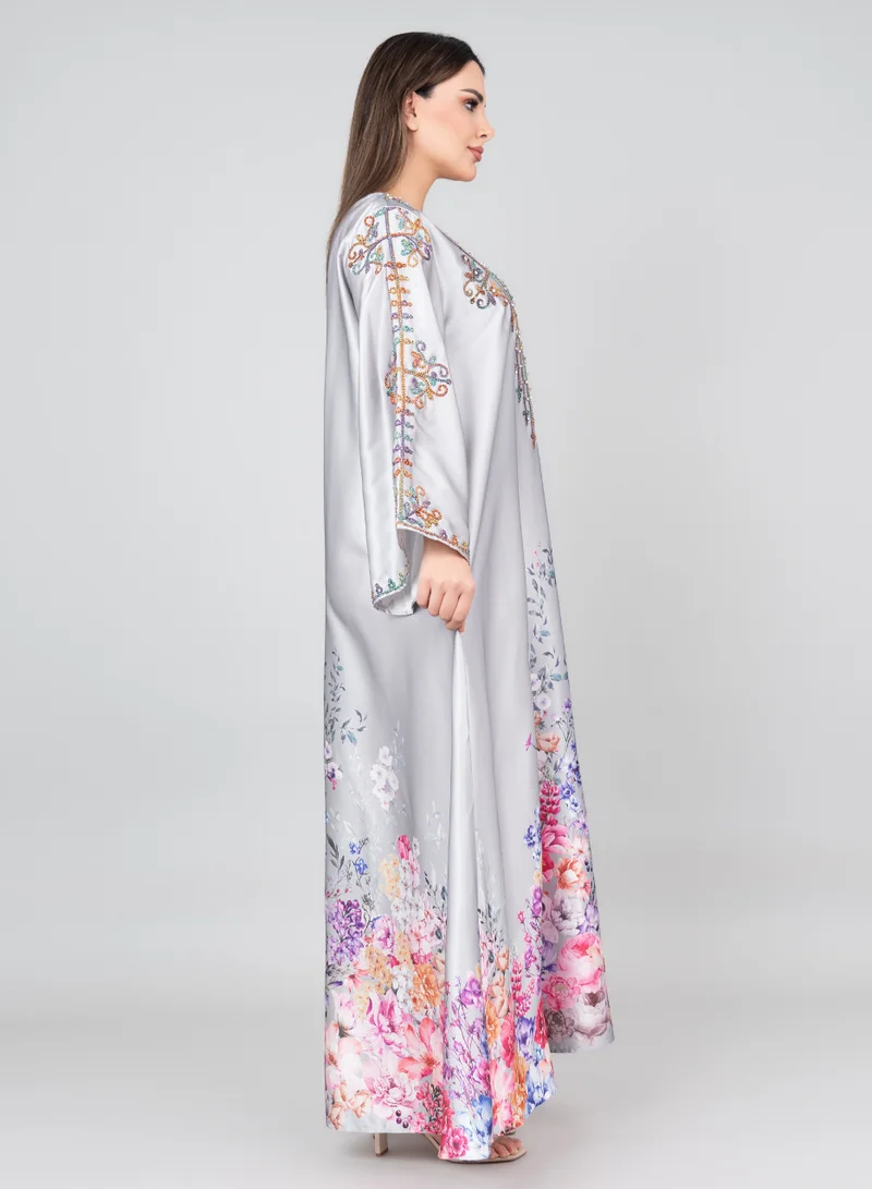 IKKXA Floral Printed Crystal Embroidery Jalabiya IK1015 Grey