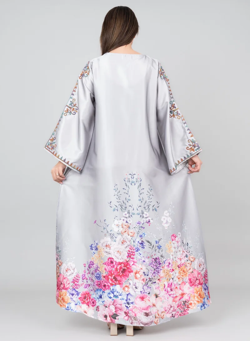 IKKXA Floral Printed Crystal Embroidery Jalabiya IK1015 Grey