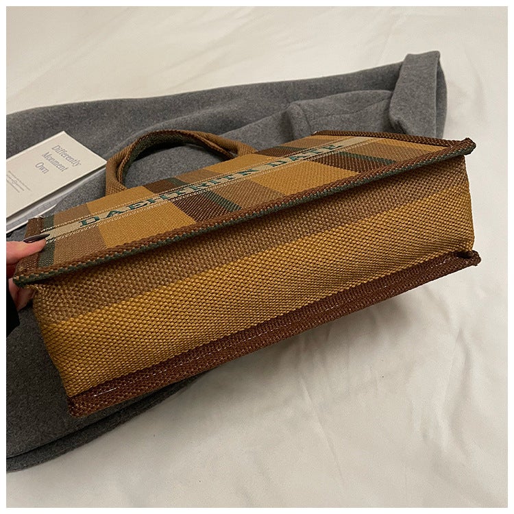 Women'S Bag Cotton And Linen Large Capacity Portable Tote Bag Fashion Embroidered Striped Contrast Color Hand Bag - Image 5