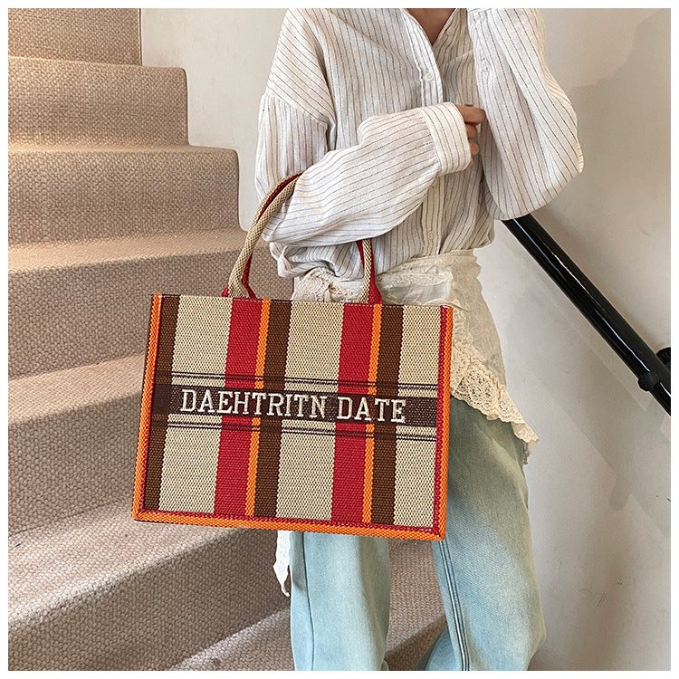 Women'S Bag Cotton And Linen Large Capacity Portable Tote Bag Fashion Embroidered Striped Contrast Color Hand Bag - Image 2