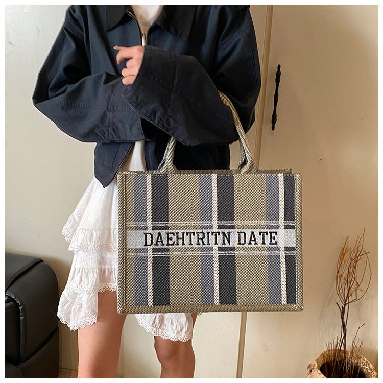 Women'S Bag Cotton And Linen Large Capacity Portable Tote Bag Fashion Embroidered Striped Contrast Color Hand Bag - Image 1